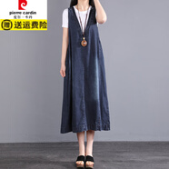 皮爾卡丹（pierre cardin）牛仔背帶裙中長款深V領(lǐng)大碼女裝寬松連衣裙2025夏季無袖背心裙子 藍色 L 【建議100-140斤】