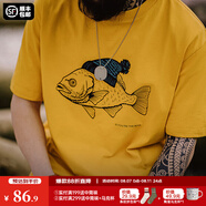 馬登工裝 美式復(fù)古深海魚植絨印花T恤重磅純棉圓領(lǐng)短袖體恤男夏季 金沙黃 XL