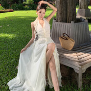 云照露米白色雪紡深V領(lǐng)開(kāi)叉大裙擺仙女長(cháng)裙夏季海邊度假掛脖吊帶連衣裙 米白色 S