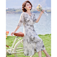 帕絲特夏季新中式A字裙圓領(lǐng)五分袖水墨印花復古中長(cháng)雪紡連衣裙灰色  4XL