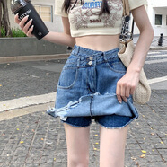 麗澳悅洋氣破洞毛邊牛仔短裙褲大碼女裝胖mm韓版春夏顯瘦A字包臀 165藍(lán)色 S 【建議適合85-95斤】