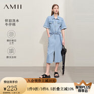 AMII2025夏新款套頭半開(kāi)襟短袖配腰帶前開(kāi)衩長(zhǎng)款牛仔棉連衣裙女 牛仔藍(lán) 165/88A/L