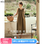 Olrain歐芮兒棕色無袖連衣裙女夏季新款寬松度假風(fēng)掛脖裙子沙灘裙 棕色 S
