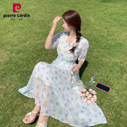 皮爾卡丹（pierre cardin）刺繡雪紡連衣裙子女裝2025夏季女長身裙高級感茶歇法式顯瘦氣質(zhì) 天藍色 S 85-95斤
