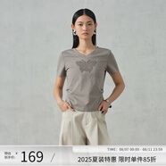 阿依蓮【商場(chǎng)同款】氣質(zhì)短袖T恤女夏季2025新款V領(lǐng)正肩蝴蝶小衫顯瘦上衣 冷萃棕 L