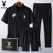 花花公子（PLAYBOY ESTABLISHED 1953）爸爸夏季套裝2025新款男士冰絲短袖t恤中老年休閑運(yùn)動(dòng)裝 黑色【三件套】 2XL  穿130-150斤