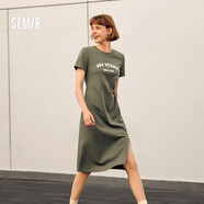 森馬（Semir）【連衣裙合輯】夏天女法式慵懶風(fēng)裙子復(fù)古學(xué)院風(fēng)針織裙雪紡碎花裙 W款休閑風(fēng)T恤裙-綠色調(diào)00344 L