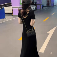 簡豐姿黑色連衣裙裙子女夏季2025新款度假風(fēng)顯瘦長裙遮肚子海邊沙灘裙 后背鏤空綁帶連衣裙【黑色】 L 【建議105-115斤】