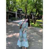 冉藝嵐同款獨(dú)特漂亮清冷藝術(shù)感穿搭女2025夏季新款海邊度假小眾不撞款連 綠色波希米亞連衣裙 S