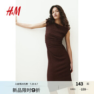 H&M女裝背心吊帶連衣裙2025夏季通勤修身一字肩垂褶緊身裙1283258 深棕色 M 165/96