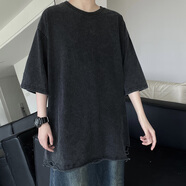 閃爆美式重磅復古短袖恤男夏潮寬松運動(dòng)打底衫恤 黑色 M