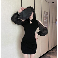 足浴技師工作服柔式雪紡拼接長(cháng)袖旗袍連衣裙性感修身氣質(zhì)夜場(chǎng)女裝 黑色#1 L