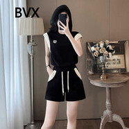 BVX休閑撞色小個(gè)子套裝女裝2025夏季新款時(shí)尚寬松顯瘦短褲運(yùn)動(dòng)兩件套 黑色 S