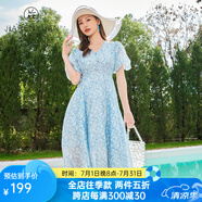佳人苑連衣裙女2024年夏季新款V領(lǐng)碎花本布紐扣收腰后背拉鏈甜美燈籠袖 海藍色 XS