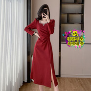 啄木鳥酒紅色晚禮服結(jié)婚敬酒服韓版時尚氣質(zhì)減齡方領(lǐng)水鉆長袖褶皺連衣裙 酒紅色原版 S