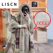 LISCN紅色圣誕節(jié)斗篷披肩外套女秋冬新款過年中長款加絨加厚大衣 格紋加絨加 厚款 均碼 90斤—170斤左右