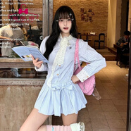 蜜樂奇學(xué)院風(fēng)拼接撞色條紋長袖連衣裙女春季新款寬松休閑蝴蝶結(jié)系帶裙子 藍(lán)色條紋 L