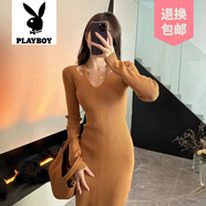 花花公子（PLAYBOY）品牌法式v領(lǐng)掛脖針織連衣裙女秋冬時(shí)尚女裝內搭修身包臀毛衣打底 南瓜黃色 均碼