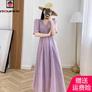 AEMAPE高端紫色v領(lǐng)短袖長裙女2025新款女裝夏季法式高腰長款連衣裙氣質(zhì) 紫色 XL 建議118-136斤