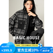 Basic House/百家好小香風(fēng)格紋外套不規(guī)則綿羊毛翻領(lǐng)牛仔拼接上衣 黑色格紋 S 90-120斤