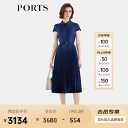 PORTS寶姿女裝春夏新款通勤襯衫領(lǐng)拼接百褶收腰短袖中長連衣裙 丈青-1 XL (10)
