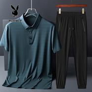 花花公子 短袖t恤男套裝夏季中青年冰絲有領(lǐng)上衣服男POLO長(cháng)褲子爸爸裝半袖 1197墨青（束口） M