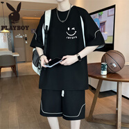 花花公子（PLAYBOY）青少年夏季套裝男生初中生冰絲短袖t恤潮流大童夏裝休閑運(yùn)動(dòng)衣服 1919黑色(短袖+短褲) 品質(zhì)保證 M 70-90斤左右
