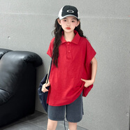 迪士尼（Disney）夏裝女童POLO衫短袖t恤休閑蝙蝠衫體恤胖女孩中大童兒童半袖上衣 紅色上衣 170 cm