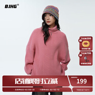 BJHG不計后果秋冬基礎(chǔ)款條紋高領(lǐng)毛衣男潮美式情侶寬松中性風針織衫女 淡絳粉 L