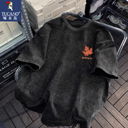 啄木鳥(niǎo)水洗短袖T恤男夏季潮流復古做舊半袖打底衫青少年寬松純棉上衣服 楓葉黑色 M