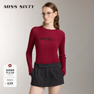 MISS SIXTY羊毛含桑蠶絲針織衫女撞色提花坑條羅紋長袖上衣打底衫 暗紅 XS