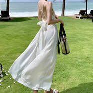 渾小象白色法式吊帶連衣裙輕奢高級感裙子女士夏季2025新款海邊沙灘長裙 超仙純欲交叉露背吊帶裙 M 【建議105斤以內(nèi)】