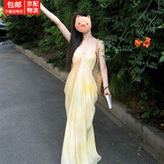 緋垚海邊度假吊帶連衣裙夏多巴胺露背仙女沙灘裙旅游垂墜感v領(lǐng)長(zhǎng)裙子 【黃色暈染】 M