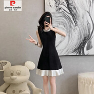 皮爾卡丹（pierre cardin）小香風(fēng)復(fù)古重工珍珠領(lǐng)黑白無袖背心連衣裙女夏季法式名媛小黑裙子 黑色 S