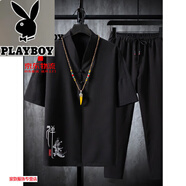 花花公子（PLAYBOY）亞麻套裝男士夏季薄款冰絲短袖t恤男款新中式國風(fēng)棉麻兩件套 TZ01 TZ023黑色 L 適合105至120斤