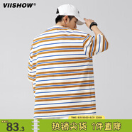 viishow日系潮牌條紋圓領(lǐng)短袖T恤男夏季寬松情侶百搭半袖tee 橘黃 XL