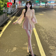 皮爾卡丹（pierre cardin）季新款氣質(zhì)長(cháng)袖設計感露肩收腰泡泡袖雪紡連衣裙高腰短褲兩件套 連衣裙+安全褲 兩件套 S 建議80-95斤