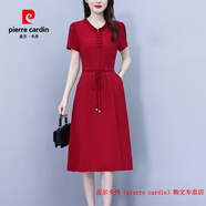 皮爾卡丹（pierre cardin）媽媽夏裝氣質(zhì)真絲連衣裙女夏季2025新款時尚收腰顯瘦時髦洋氣裙子 紅色 L 建議90-105斤
