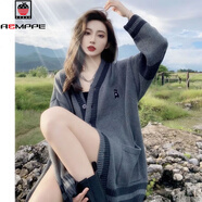 AEMAPE慵懶風毛衣開衫女秋冬天寬松外穿V領(lǐng)加厚復古針織外套中長款外衣 深灰色 M (160)