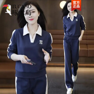 啄木鳥(niǎo)300斤大碼胖mm中年媽媽運動(dòng)服套裝女春秋洋氣減齡寬松長(cháng)袖兩件套 藍色【上衣+褲子】 XL_115-130斤