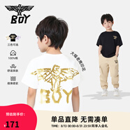 BOY JUNIOR夏季潮牌男女兒童裝圓領(lǐng)背面翅膀燙金印花寬松短袖T恤K01141 白色 130