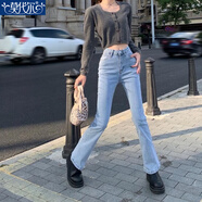 莫代爾夏季白色高腰顯瘦微喇叭褲女直筒牛仔褲韓版新款修身小個(gè)子九分褲 淺色長(cháng)褲 959. M 建議95-107斤左右