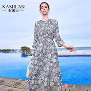 卡米蘭（kamilan）[100苧麻]系帶連衣裙女2025夏新款連身長裙子氣質(zhì)收腰A字裙 青花瓷 S