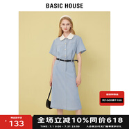 BASIC HOUSE/百家好娃娃領(lǐng)連衣裙女2024夏季新款少女感高端洋氣減齡中長裙女 藍(lán)色 M （腰帶僅作為搭配展示）