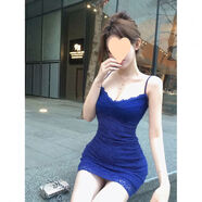 冠貿裴粉色無(wú)袖掛脖連衣裙女純欲露背修身包臀收腰長(cháng)裙緊身dress 藍色吊帶240022 S