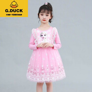 G.DUCKKIDS愛(ài)莎公主裙小女孩艾莎長(cháng)袖裙子兒童冰雪奇緣秋冬款加絨女童連衣裙 粉紅色春秋長(cháng)袖連衣裙 100 建議身高90厘米