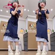 蜜樂(lè )奇假兩件掛脖吊帶連衣裙女夏季純欲風(fēng)格子多巴胺小個(gè)子短袖修身裙子 藏藍色 長(cháng)款 【MS-105cm】 M 建議95-108斤