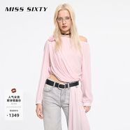 MISS SIXTY2025春季新款真絲襯衫女性感斜肩玫瑰花朵飄帶短款上衣 淺粉 XS