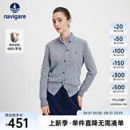 Navigare意大利小帆船毛衣外套女士秋冬款純羊毛圓領(lǐng)羊毛衫氣質(zhì)針織開衫 煙灰 M
