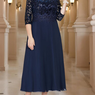 拓維星Plus Size Women'S Round Neck Lace Panel Chiffon Skirt跨境 Navy Blue 2XL